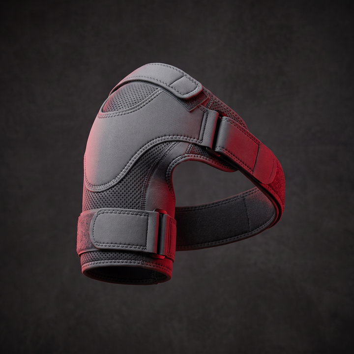 Adjustable shoulder support brace, side angle view, gym-ready design