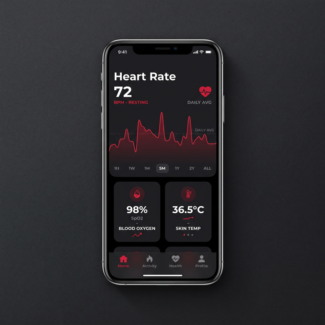 Smart Health Tracking Ring Heart Rate Blood Oxygen Skin Temperature Monitor 5ATM Waterproof Fitness Ring - App Screen Mockup