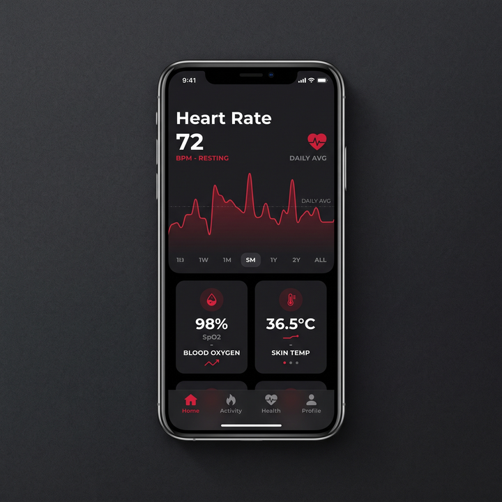 Smart Health Tracking Ring Heart Rate Blood Oxygen Skin Temperature Monitor 5ATM Waterproof Fitness Ring - App Screen Mockup