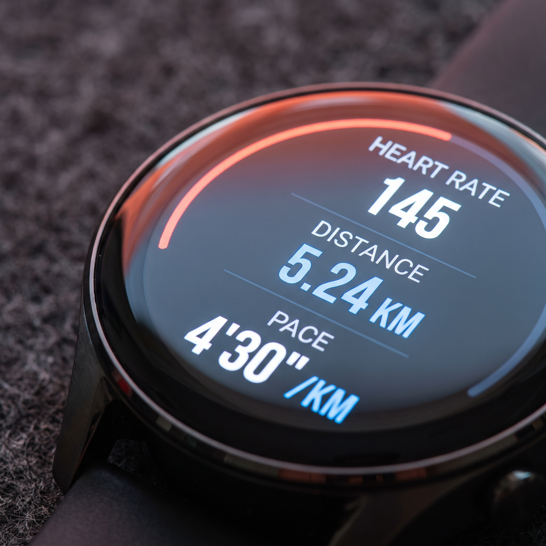 AMOLED display close-up showing workout stats on PHYSIOATHLETX Smart Watch