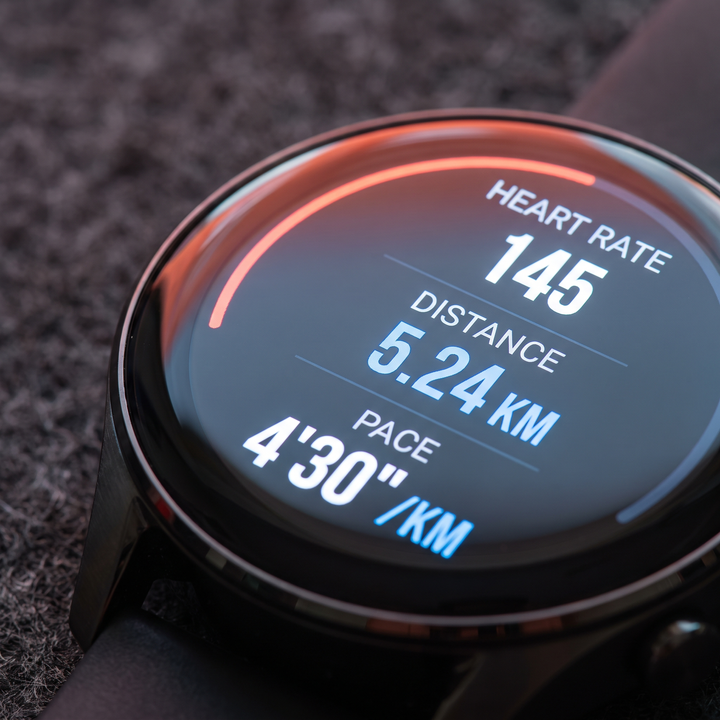 AMOLED display close-up showing workout stats on PHYSIOATHLETX Smart Watch