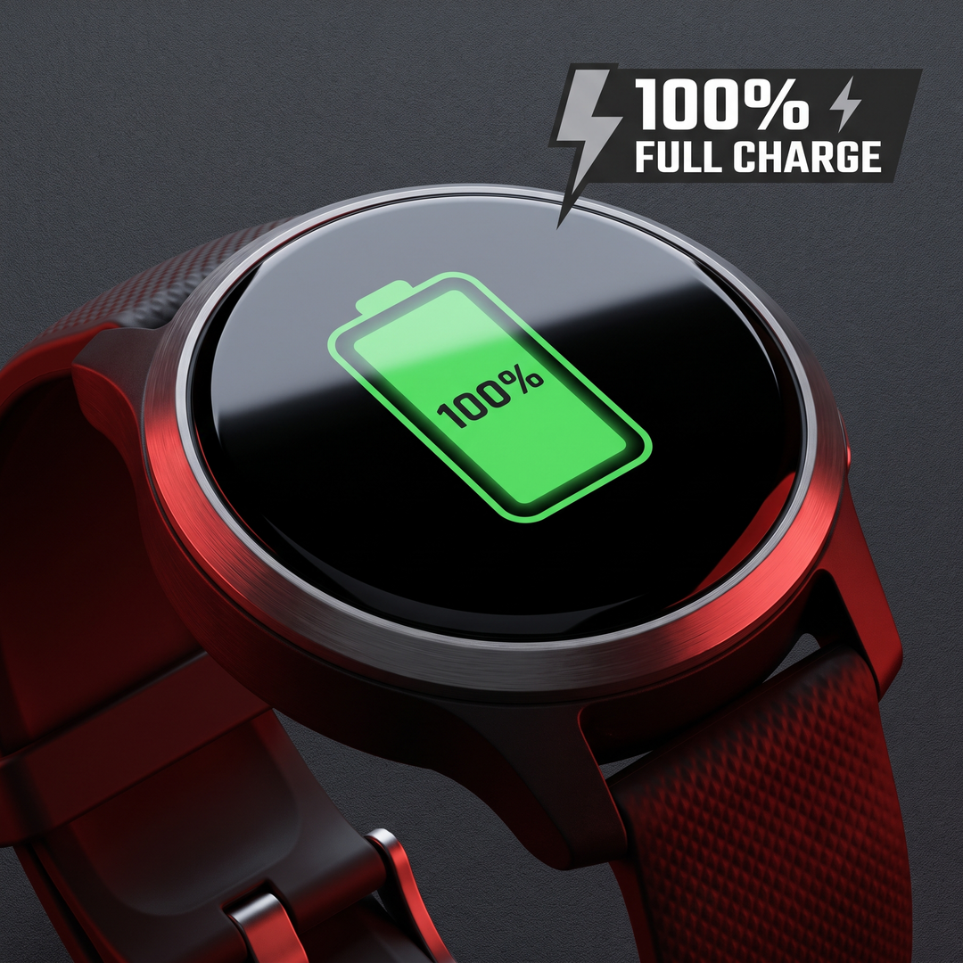Long-lasting battery display on PHYSIOATHLETX Smart Watch