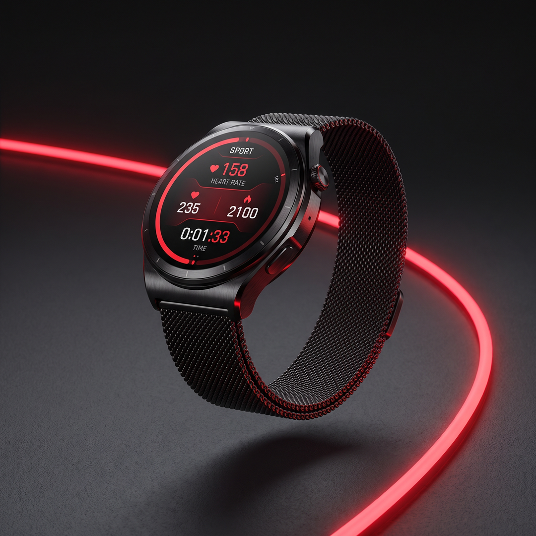 PHYSIOATHLETX Professional Smart Watch GPS Bluetooth Calling AMOLED Smartwatch - Black Mesh Belt band angled view