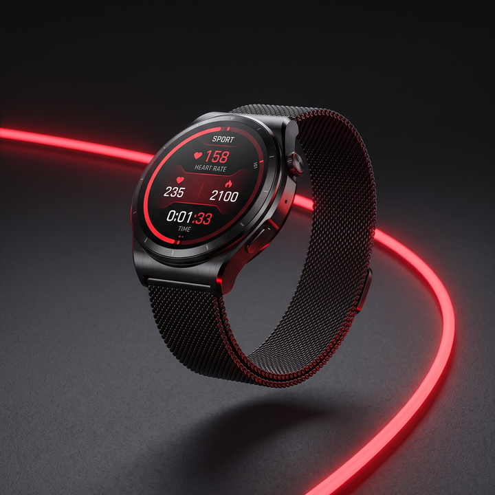 PHYSIOATHLETX Professional Smart Watch GPS Bluetooth Calling AMOLED Smartwatch - Black Mesh Belt band angled view
