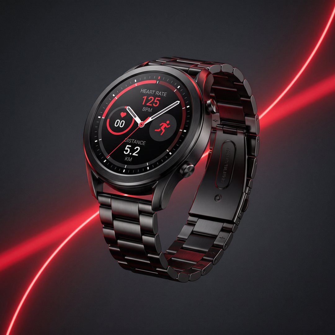 PHYSIOATHLETX Professional Smart Watch GPS Bluetooth Calling AMOLED Smartwatch - Black Steel band angled view