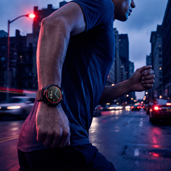 Athlete running outdoors wearing PHYSIOATHLETX Smart Watch with GPS tracking
