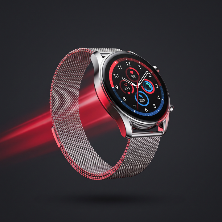 PHYSIOATHLETX Professional Smart Watch GPS Bluetooth Calling AMOLED Smartwatch - Silver Mesh Belt band angled view