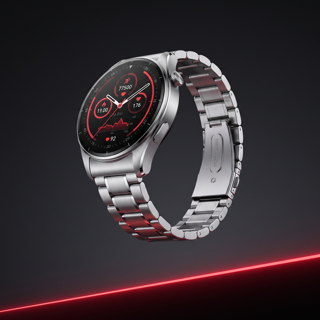 PHYSIOATHLETX Professional Smart Watch GPS Bluetooth Calling AMOLED Smartwatch - Silver Steel band angled view