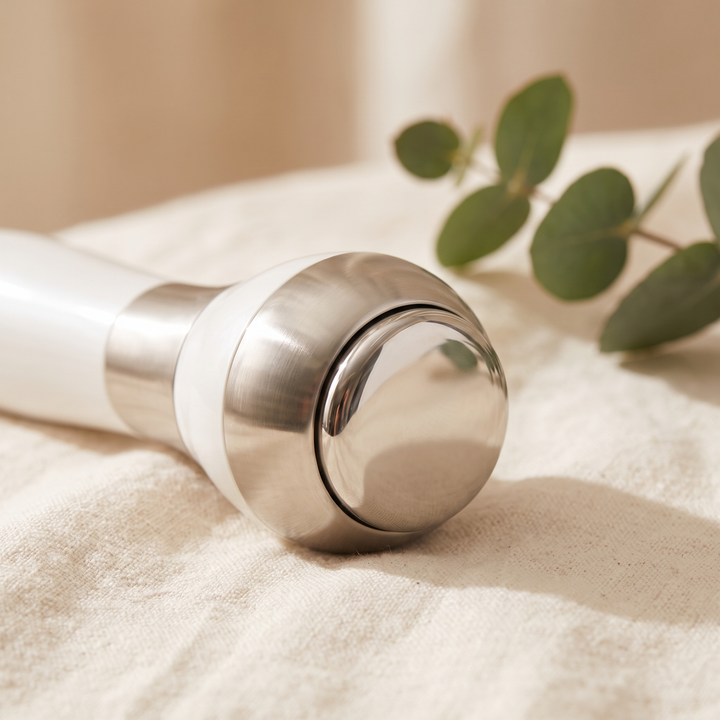 Ergonomic applicator head design on the PHYSIOATHLETX facial and body spa device