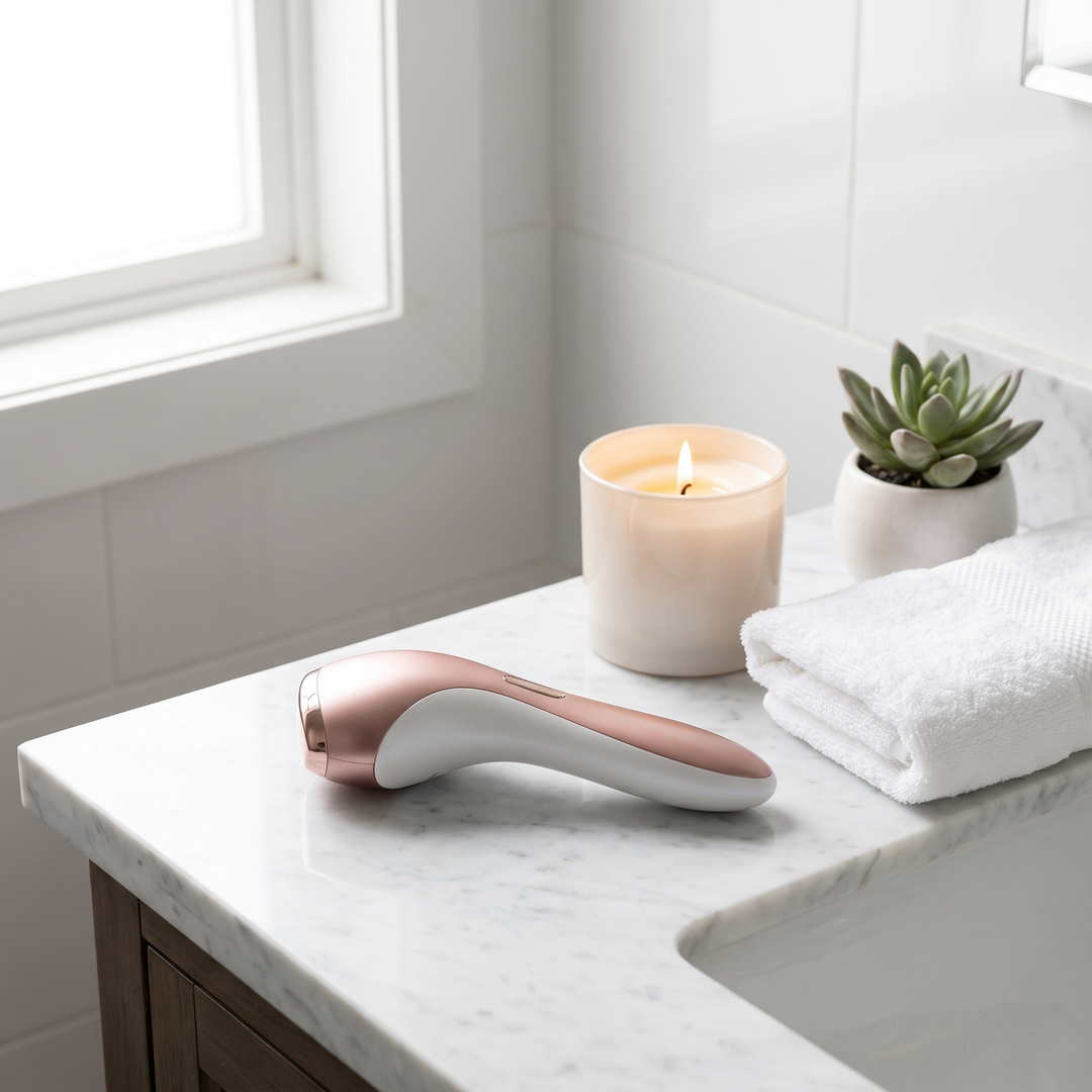 PHYSIOATHLETX spa device resting on a marble bathroom counter in a calm home spa setting