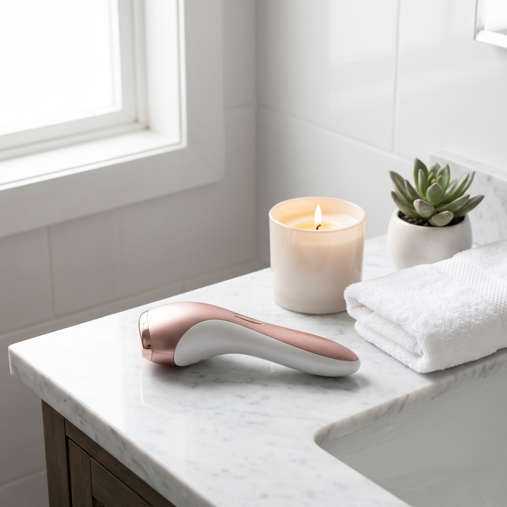 PHYSIOATHLETX spa device resting on a marble bathroom counter in a calm home spa setting
