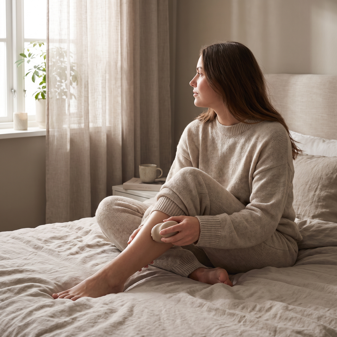 Relaxed at-home leg massage session with the PHYSIOATHLETX spa device