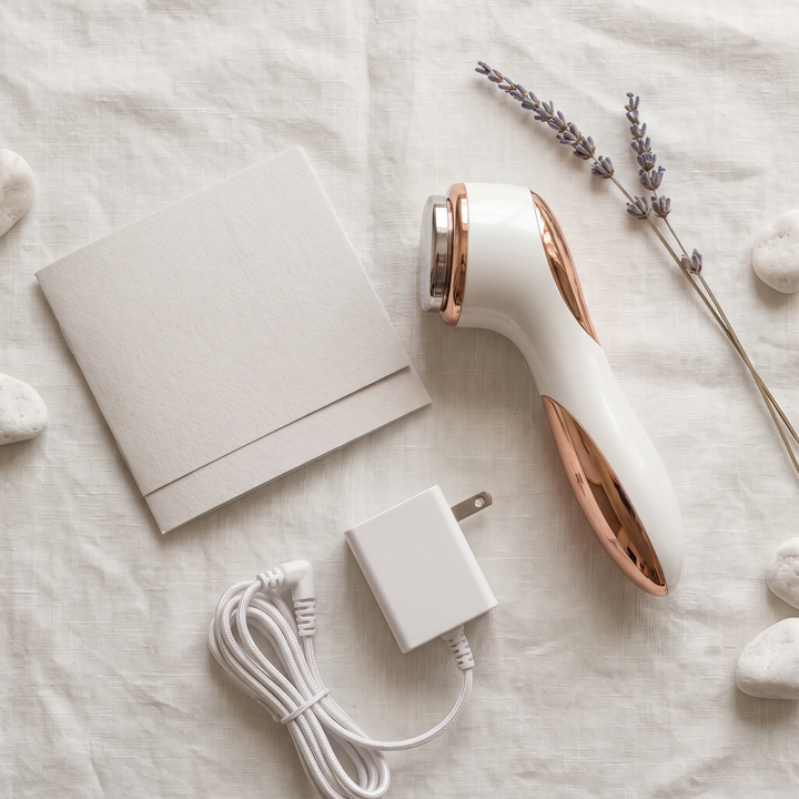 Package contents flat lay featuring the PHYSIOATHLETX spa device, power adapter, and user manual