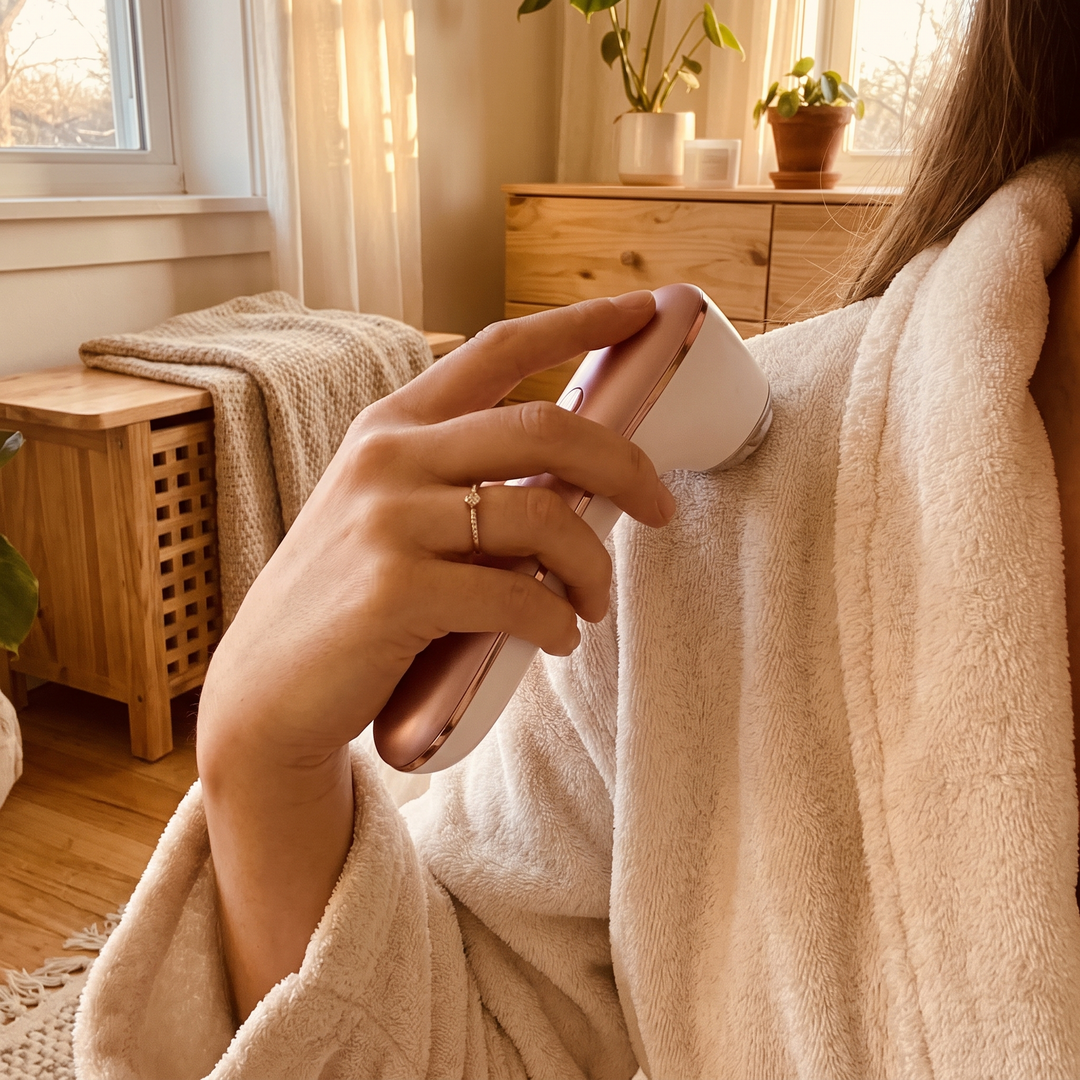 Calm at-home shoulder massage moment with the PHYSIOATHLETX spa device