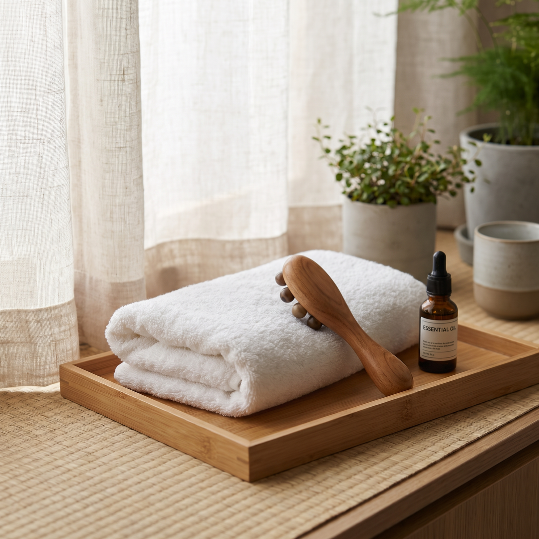 PHYSIOATHLETX spa device styled with towel and massage oil for a home spa ritual