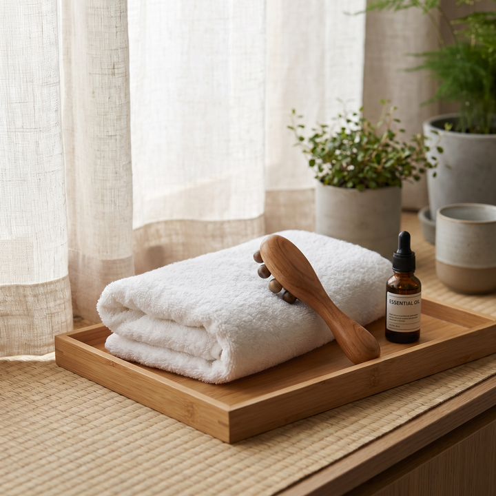 PHYSIOATHLETX spa device styled with towel and massage oil for a home spa ritual