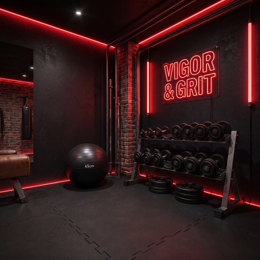 Stability exercise ball in dark home gym environment with weight rack