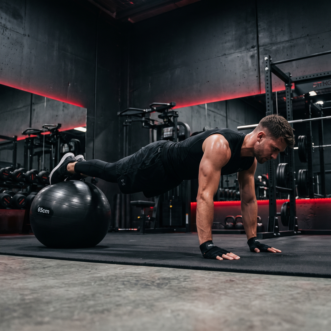 Athlete performing plank core exercise with feet on stability ball