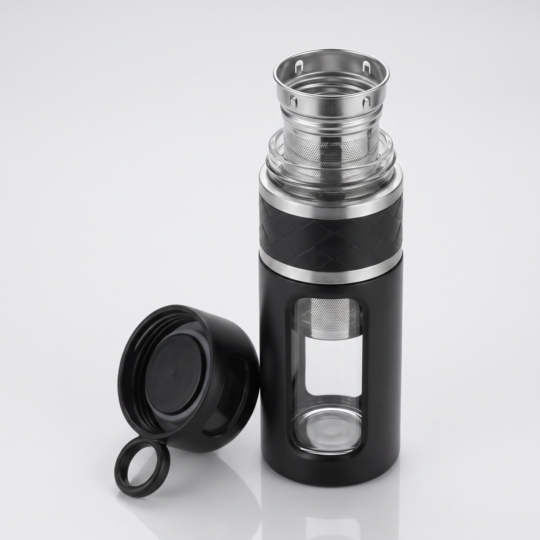 Professional Portable Tea Infuser Bottle 520ml Double Wall Insulated Travel Tea Cup with Filter Separator Leak Proof Thermal Flask for Hot Cold Drinks Daily Use - Black Long Net
