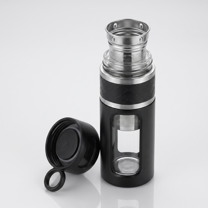 Professional Portable Tea Infuser Bottle 520ml Double Wall Insulated Travel Tea Cup with Filter Separator Leak Proof Thermal Flask for Hot Cold Drinks Daily Use - Black Long Net
