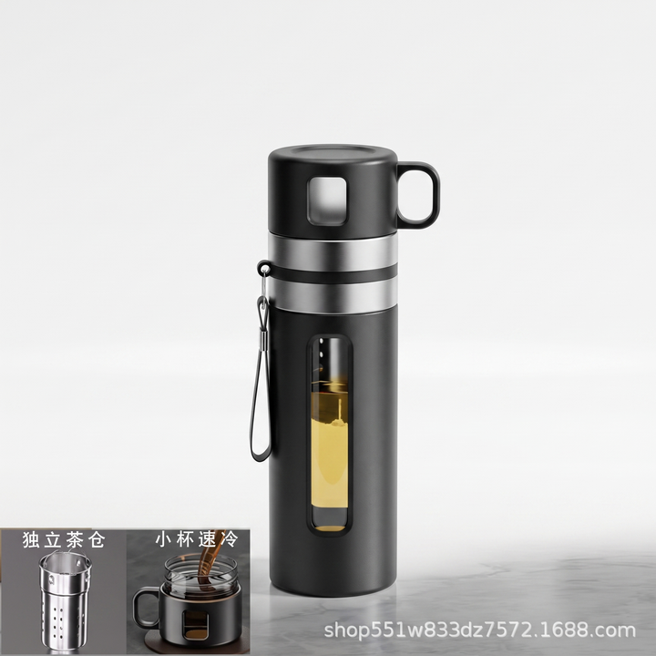 Professional Portable Tea Infuser Bottle 520ml Double Wall Insulated Travel Tea Cup with Filter Separator Leak Proof Thermal Flask for Hot Cold Drinks Daily Use - Black Short Net