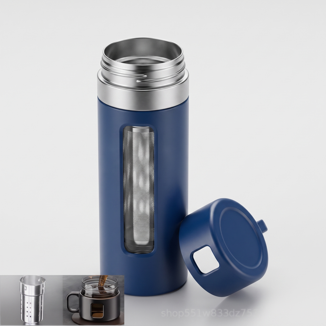 Professional Portable Tea Infuser Bottle 520ml Double Wall Insulated Travel Tea Cup with Filter Separator Leak Proof Thermal Flask for Hot Cold Drinks Daily Use - Blue Long Net