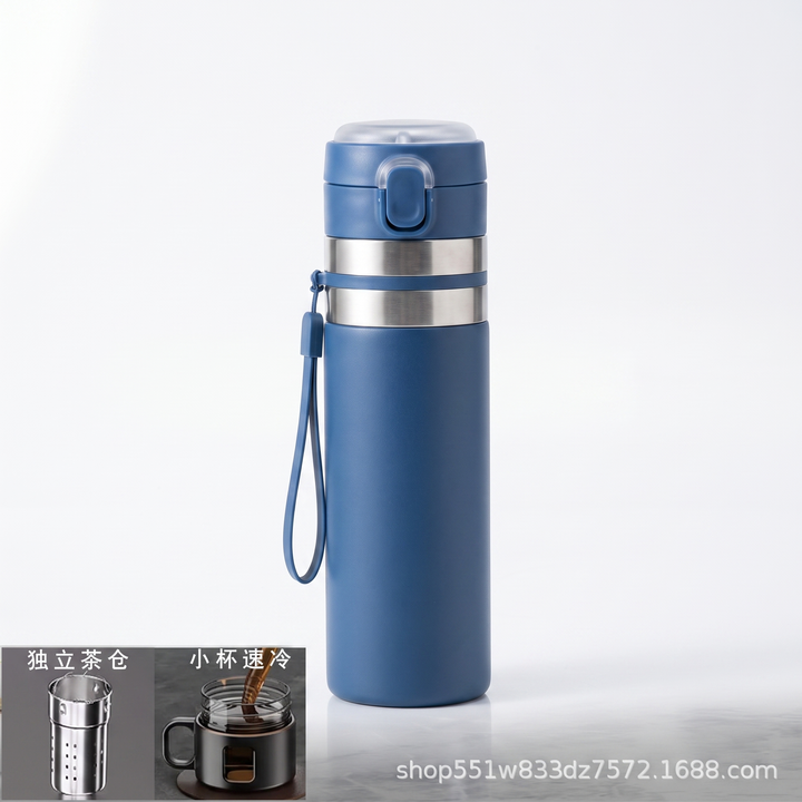 Professional Portable Tea Infuser Bottle 520ml Double Wall Insulated Travel Tea Cup with Filter Separator Leak Proof Thermal Flask for Hot Cold Drinks Daily Use - Blue Short Net