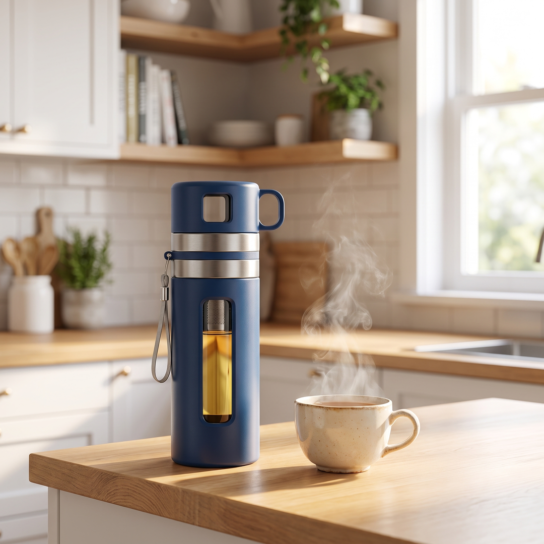Professional Portable Tea Infuser Bottle 520ml Double Wall Insulated Travel Tea Cup with Filter Separator Leak Proof Thermal Flask for Hot Cold Drinks Daily Use - Kitchen Lifestyle