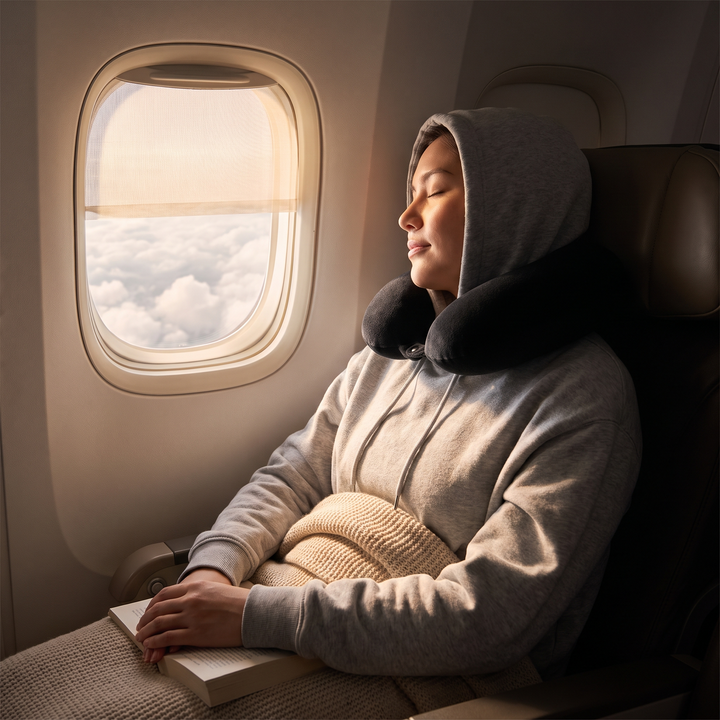 Traveler resting comfortably with a black travel neck pillow on an airplane