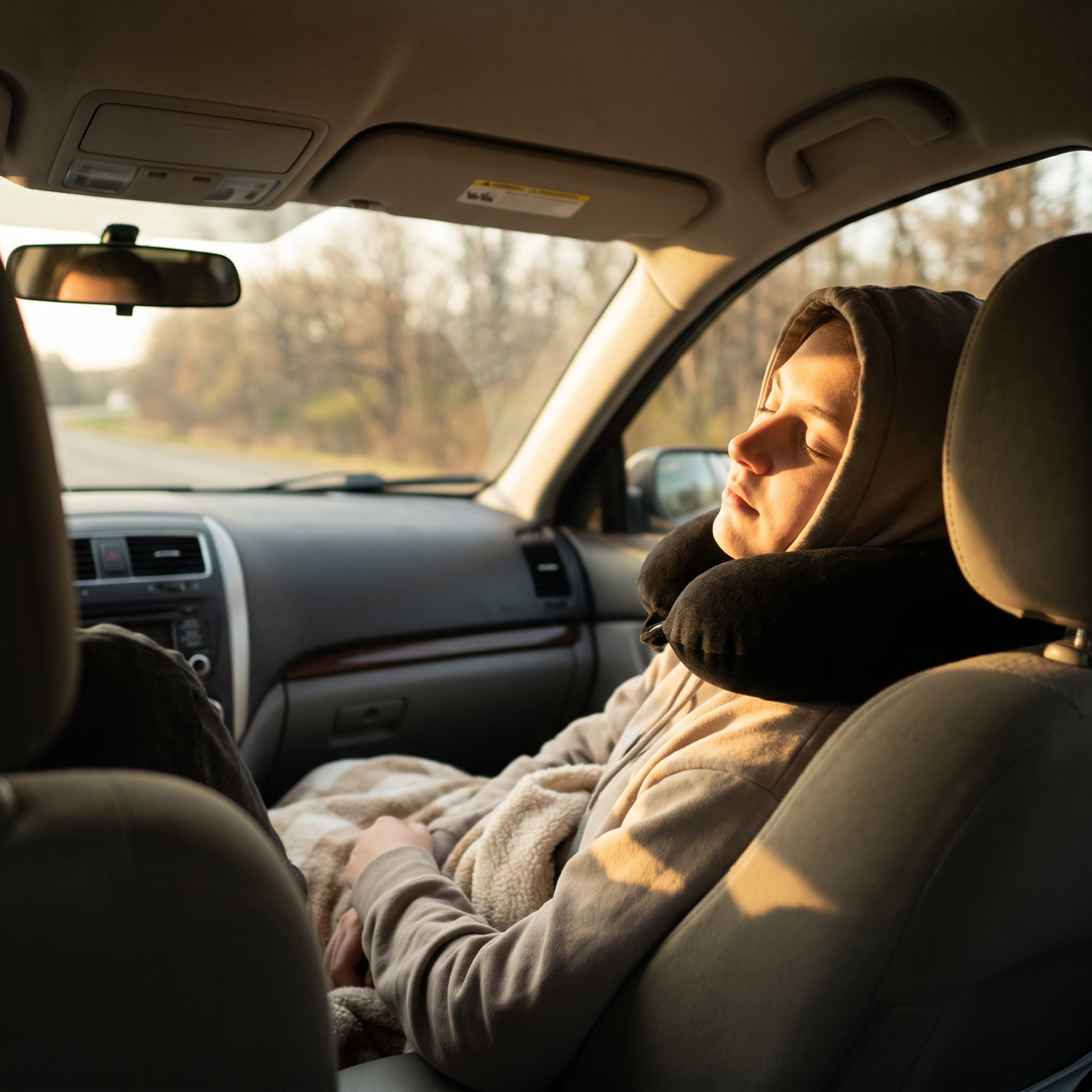 Passenger resting with a black travel neck pillow during a car road trip
