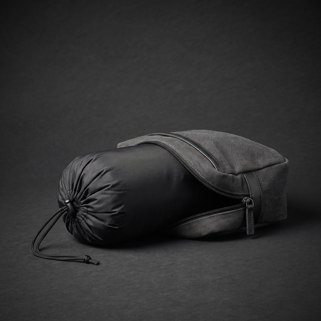 Black travel neck pillow folded into its compact portable form next to a travel bag