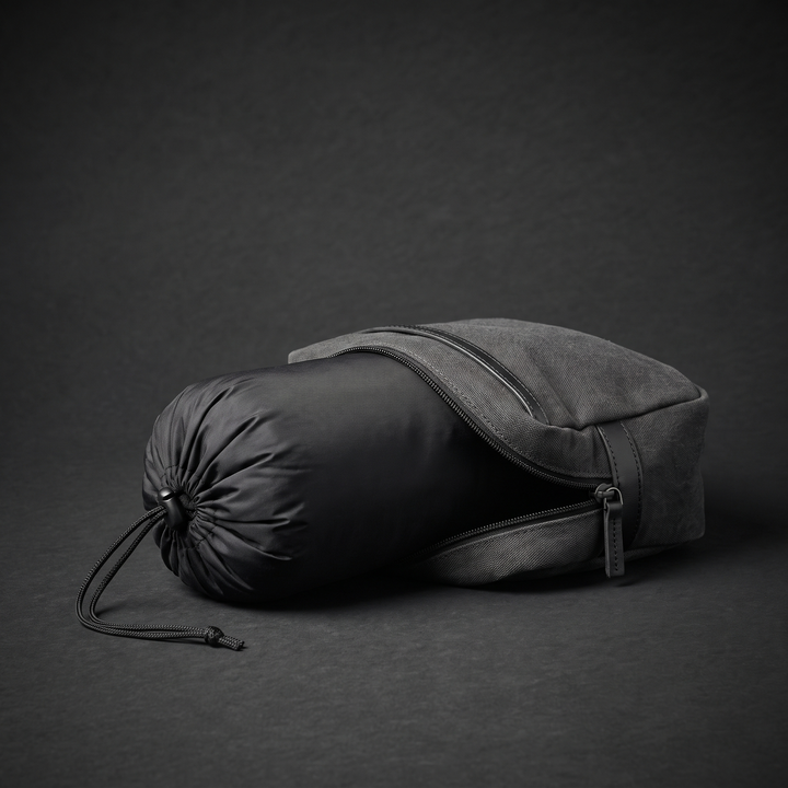 Black travel neck pillow folded into its compact portable form next to a travel bag