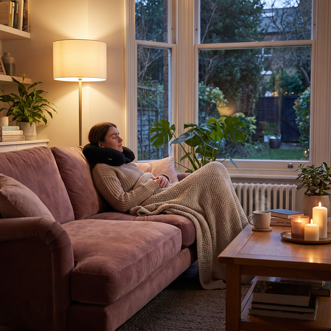 Person relaxing at home on a sofa with a black memory foam neck pillow