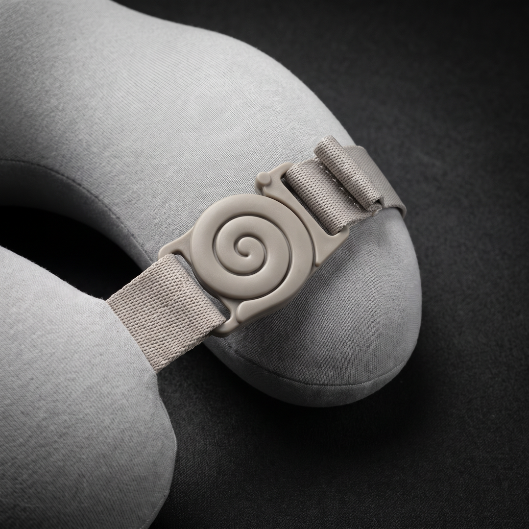 Adjustable wraparound clasp and strap on the light grey travel comfort pillow for a portable, adjustable fit