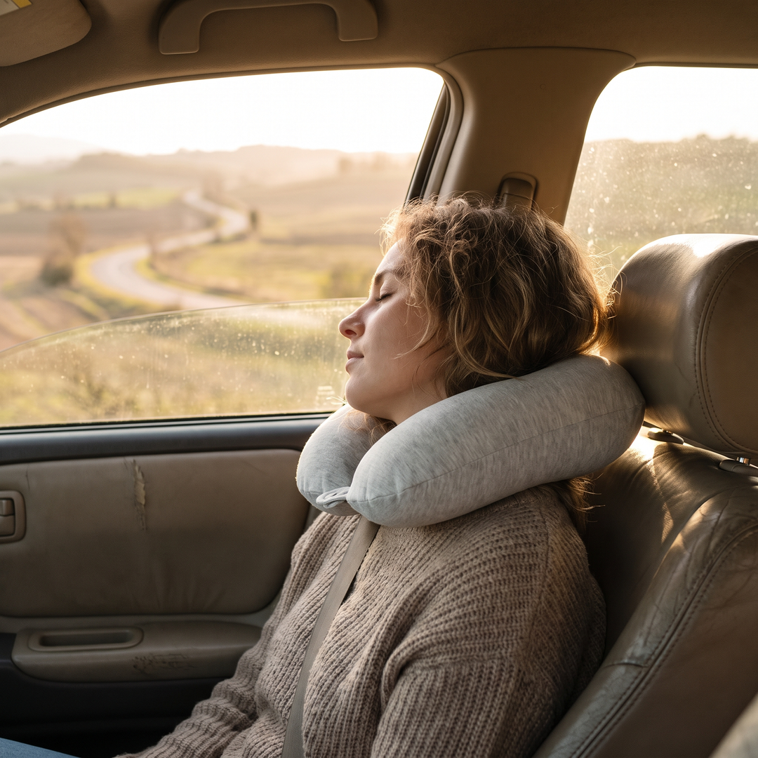 Passenger resting with a light grey travel neck pillow during a car road trip