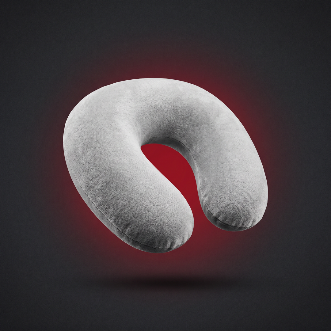 Light grey ergonomic U-shaped travel neck pillow with memory foam contour comfort, hero product shot