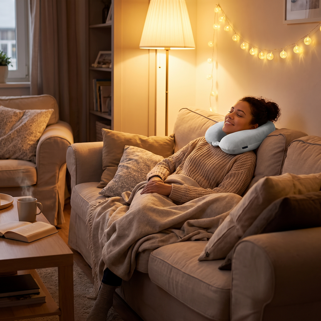 Person relaxing at home on a sofa with a light grey memory foam neck pillow