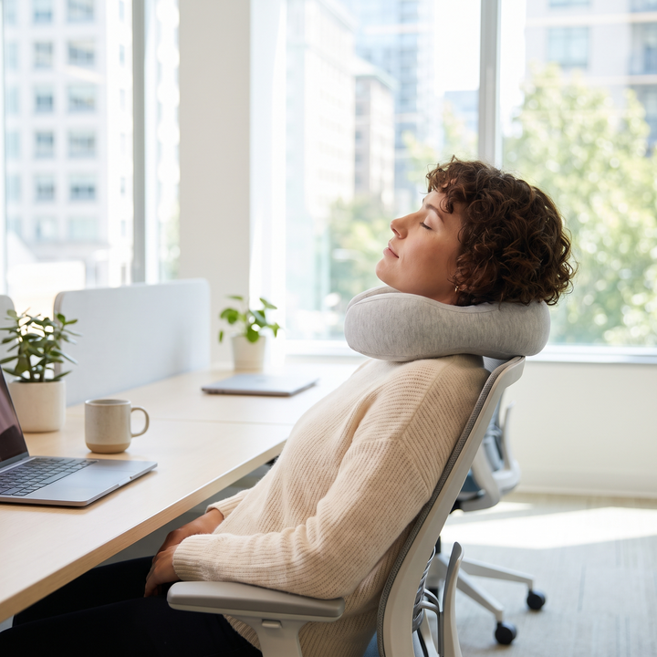 Office worker taking a short nap at a desk wearing a light grey neck support pillow
