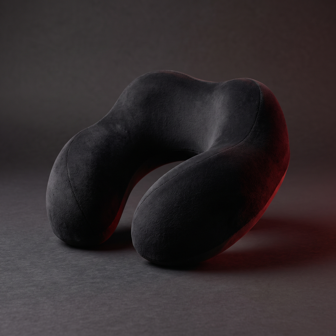 Black travel neck pillow shown at three-quarter angle highlighting U-shaped ergonomic support