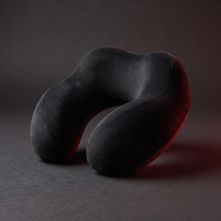 Black travel neck pillow shown at three-quarter angle highlighting U-shaped ergonomic support