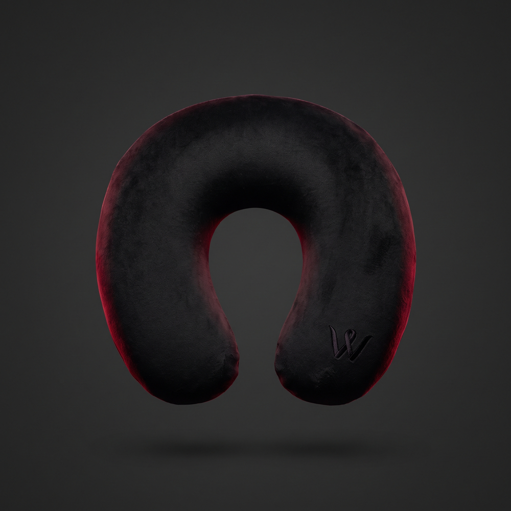 Black U-shaped memory foam travel neck pillow, front view alternate angle