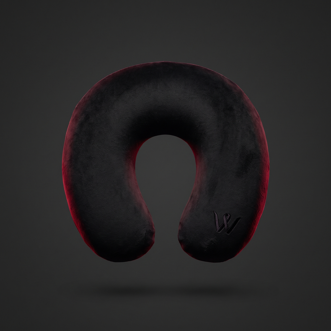 Black U-shaped memory foam travel neck pillow, front view alternate angle