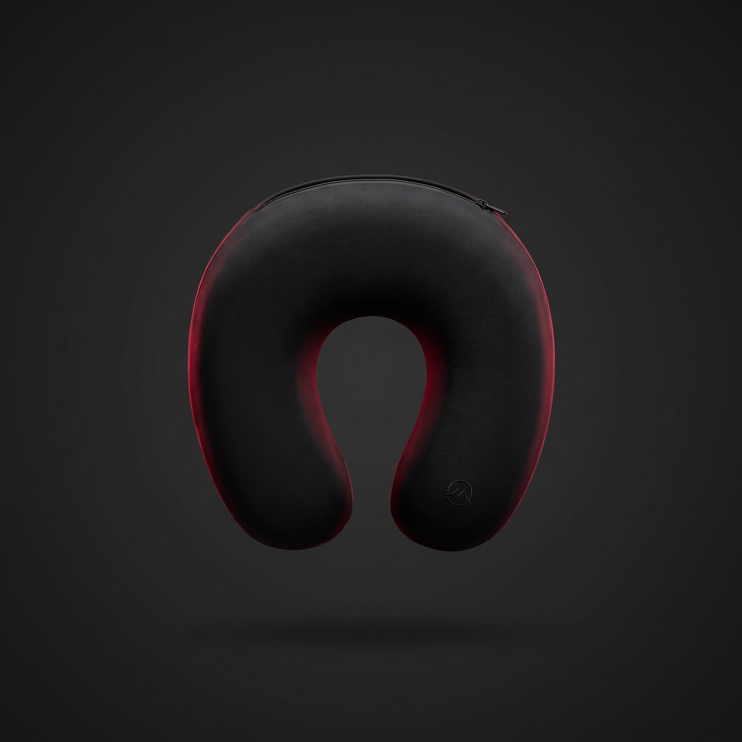 Black U-shaped memory foam travel neck pillow, front view ergonomic support