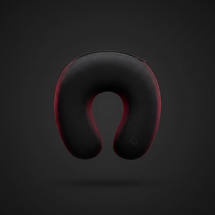 Black U-shaped memory foam travel neck pillow, front view ergonomic support