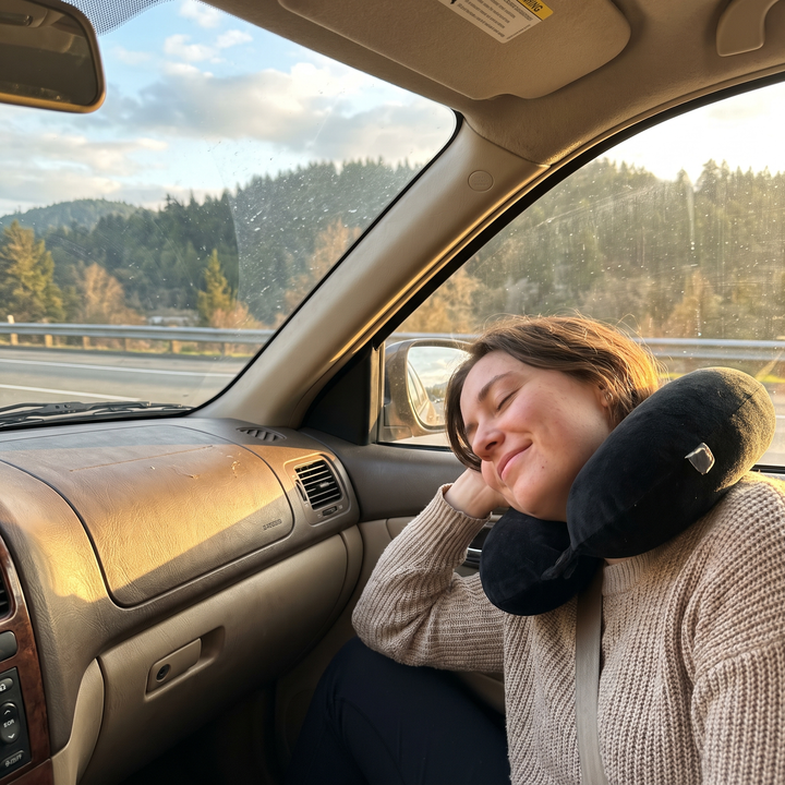 Passenger relaxing during a car ride using a U-shaped neck support pillow