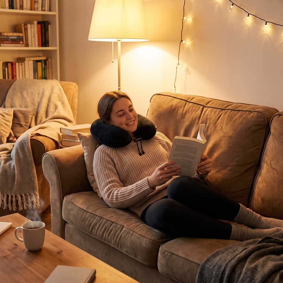 Person relaxing at home on a sofa using a U-shaped neck support pillow