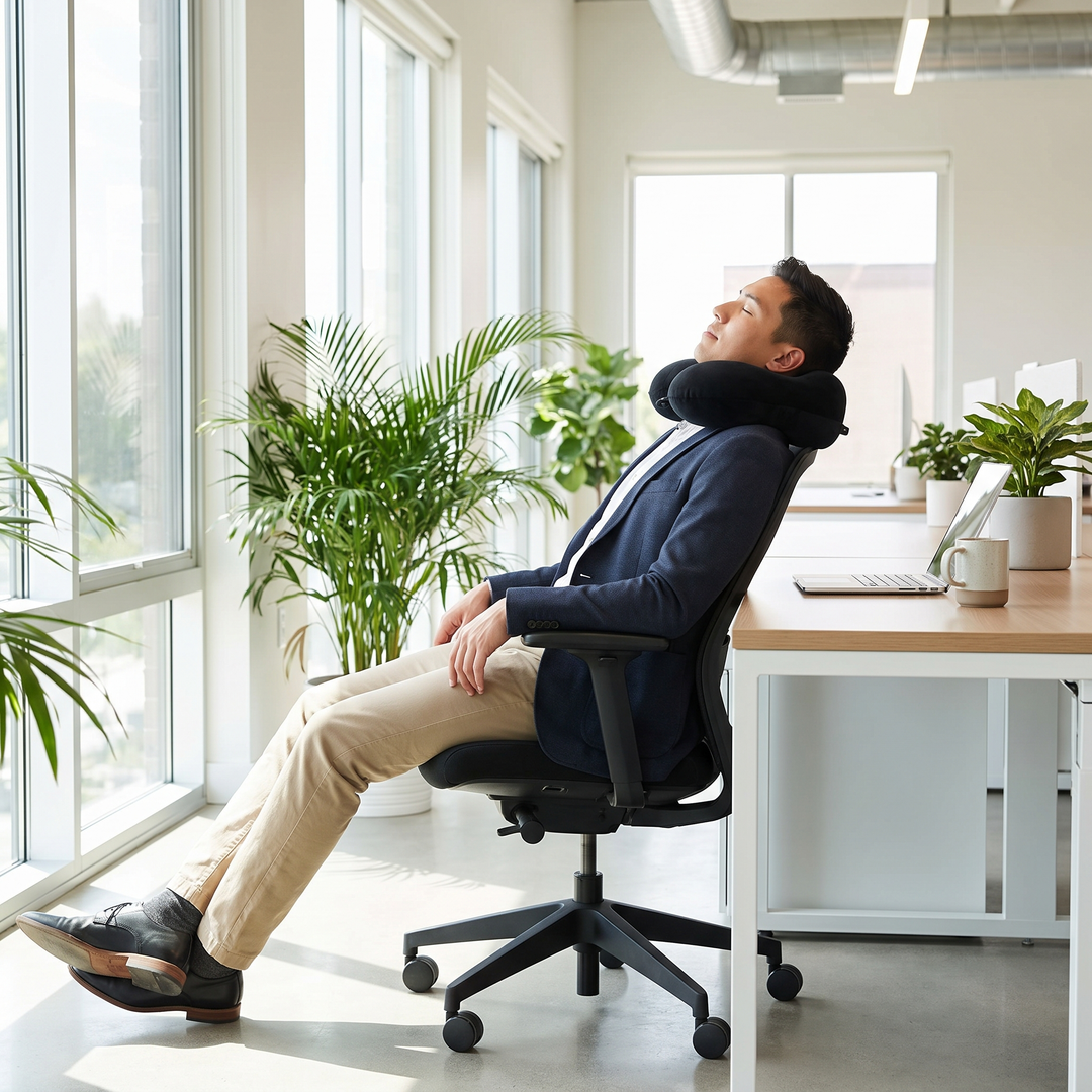 Office worker resting during a nap break using a U-shaped neck support pillow