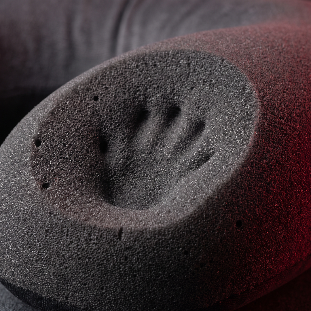 Close-up of memory foam contour comfort texture inside the travel neck pillow
