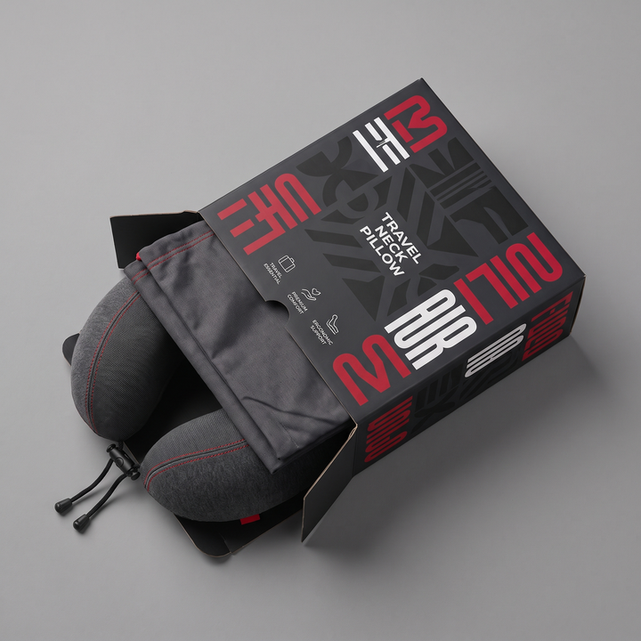 Travel neck pillow packaging flat lay, alternate view