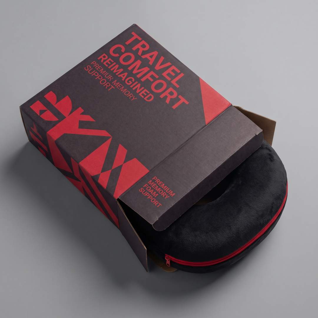 Travel neck pillow packaging flat lay with pillow